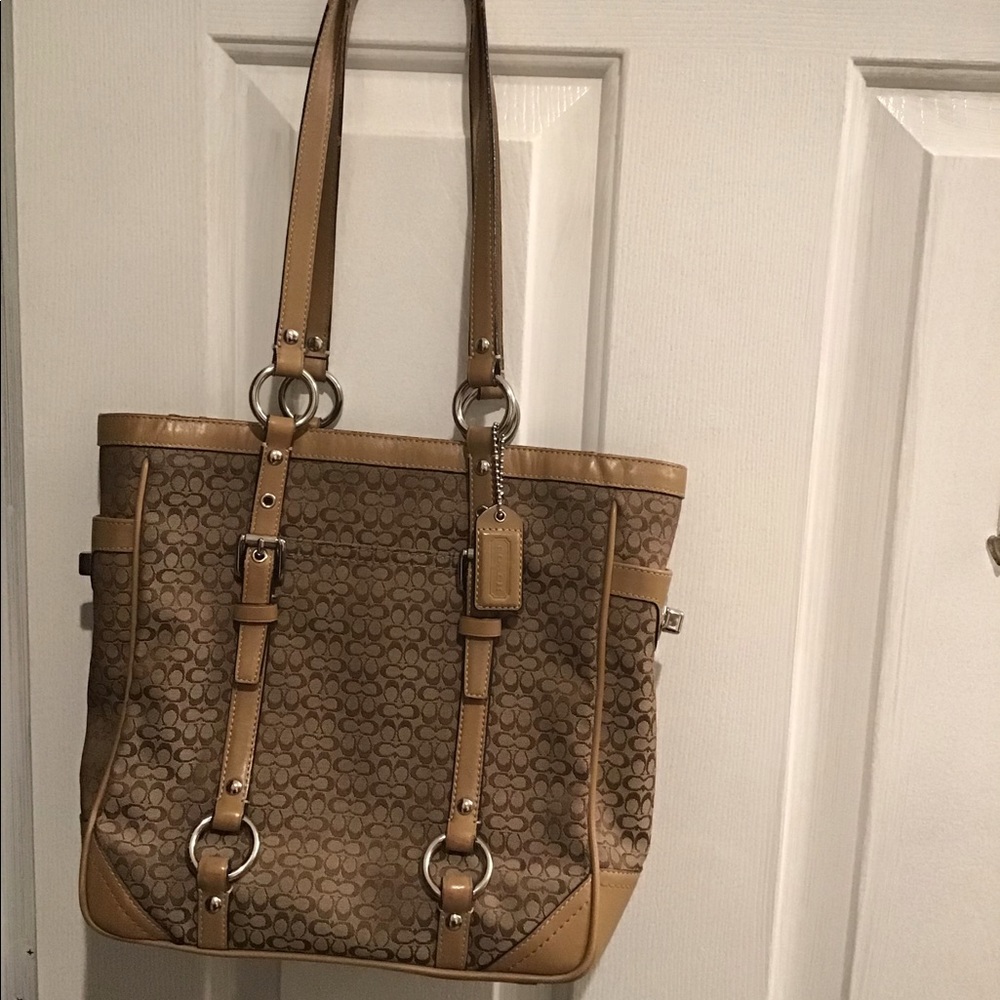 Coach Women’s Signature Jacquard Tan Khaki Leather Tote